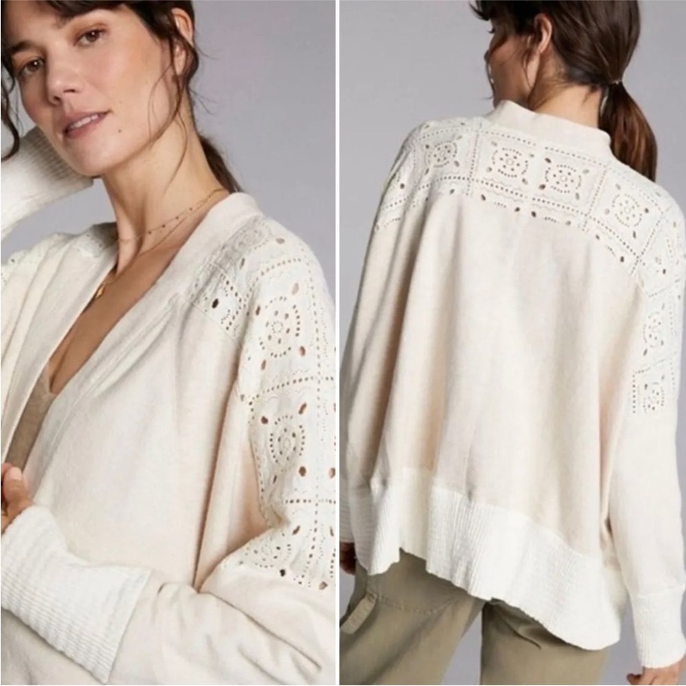 Anthropologie Hollie Eyelet Crochet Yoke Terry Knit Cardigan Oatmeal Size Small